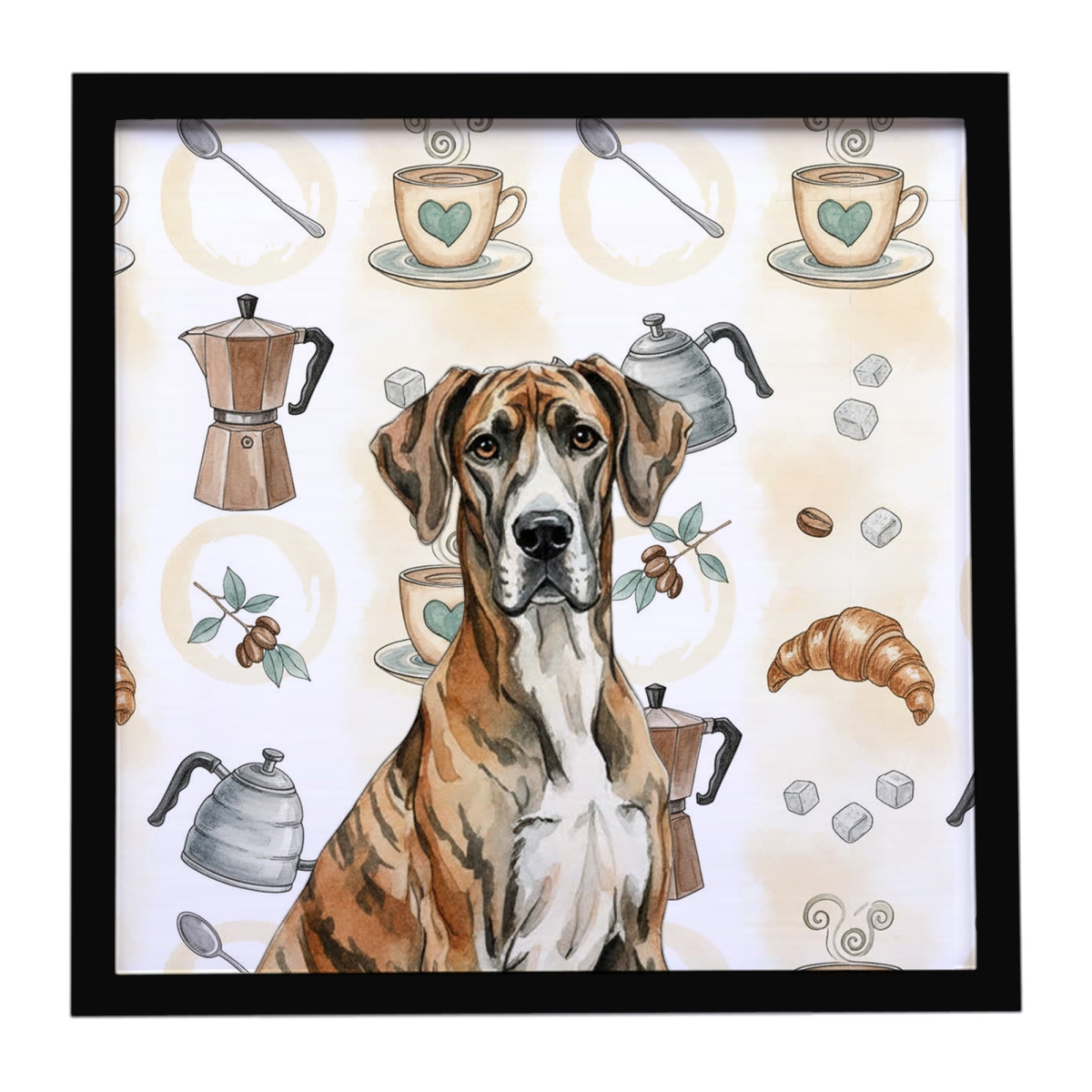 WDK7455MFP88 8 x 8 in. Brindle Great Dane Coffee Bar Framed Metal Print