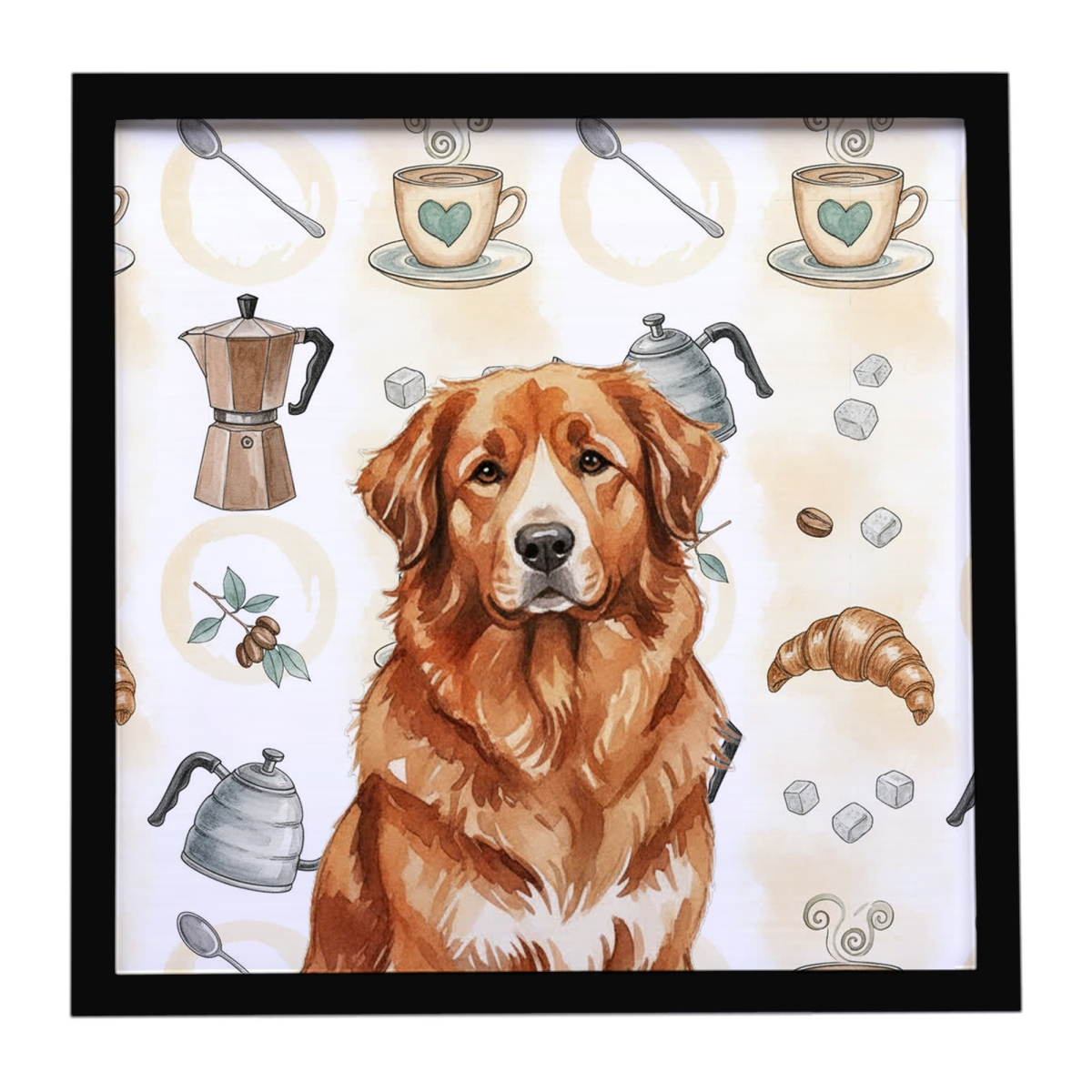 WDK7457MFP88 8 x 8 in. Reddish Brown Great Pyrenees Coffee Bar Framed Metal Print