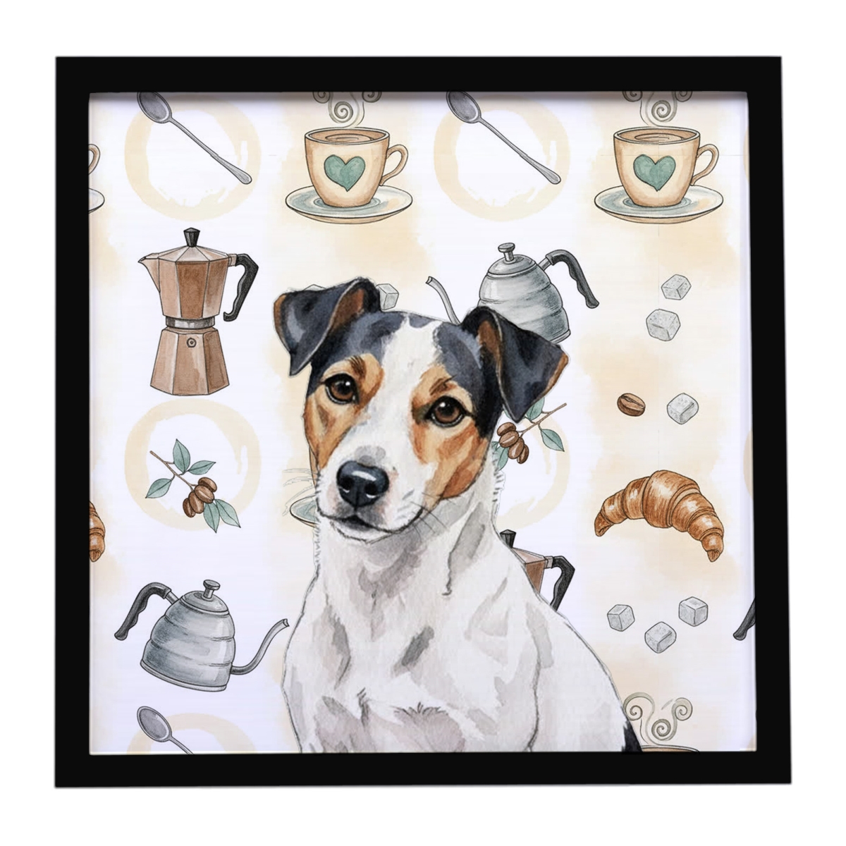 WDK7589MFP88 8 x 8 in. White with Black Markings Russell Terrier Coffee Bar Framed Metal Print