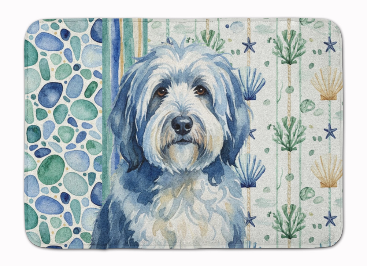 WDK7136RUG 19 x 27 in. Blue & White Old English Sheepdog Coastal Sea Glass Memory Foam Kitchen Mat