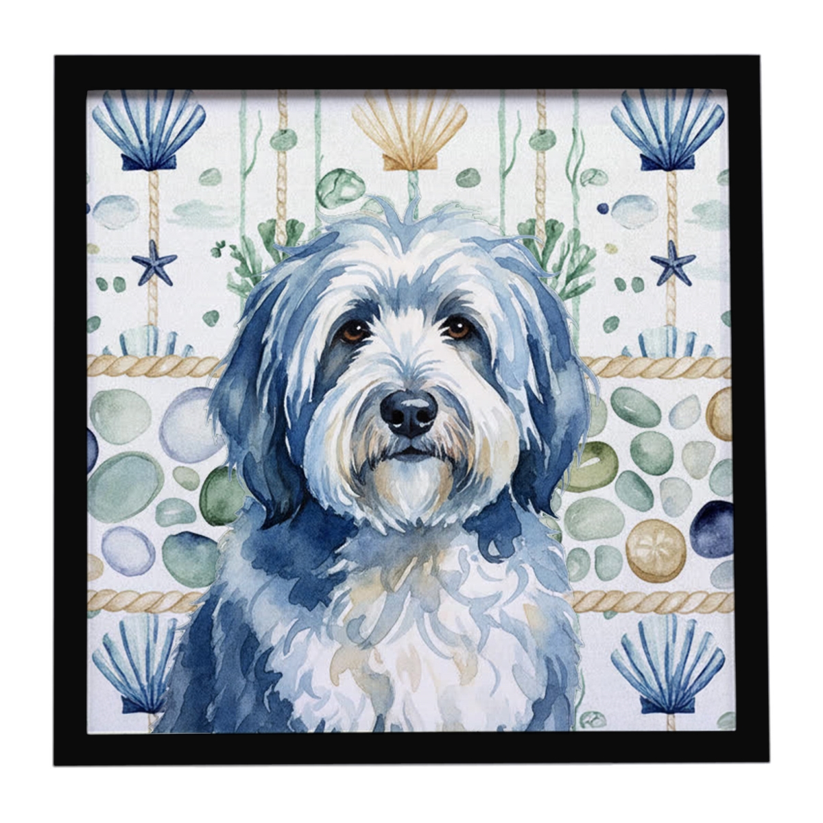 WDK7136MFP88 8 x 8 in. Blue & White Old English Sheepdog Coastal Sea Glass Framed Metal Print