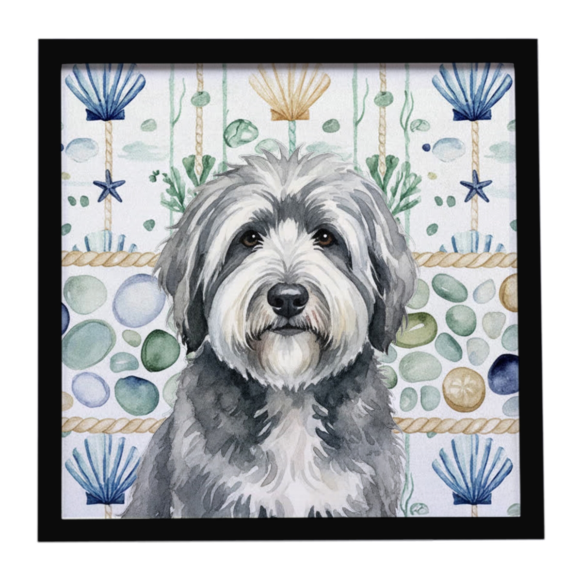 WDK7137MFP88 8 x 8 in. Gray & White Old English Sheepdog Coastal Sea Glass Framed Metal Print