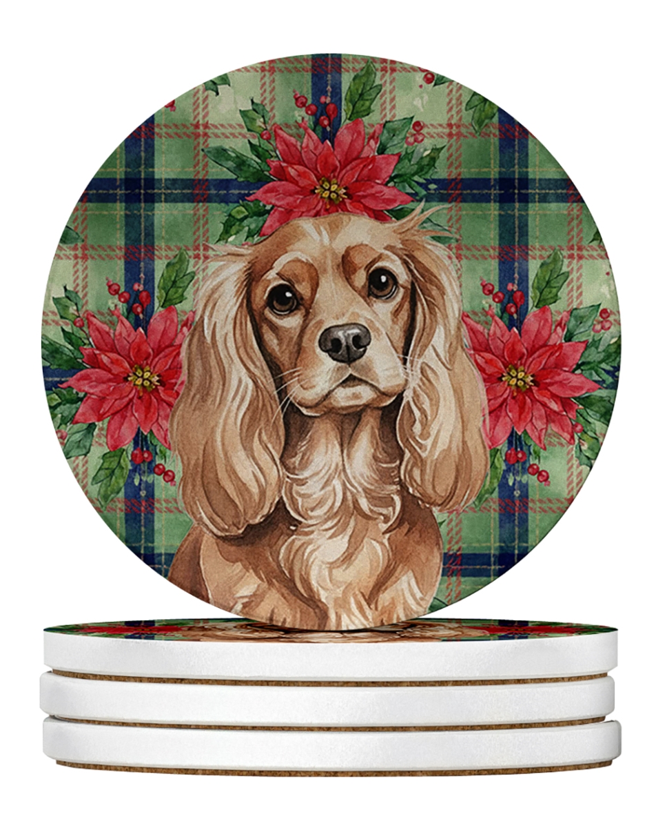 WDK8564RCS4 4 x 4 in. Ruby Cavalier Spaniel Christmas Poinsettias Large Sandstone Coasters, Pack of 4