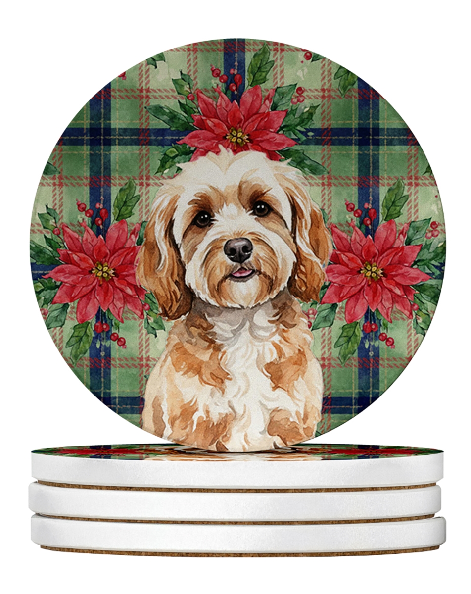 WDK8566RCS4 4 x 4 in. Cavapoo Christmas Poinsettias Large Sandstone Coasters, Pack of 4