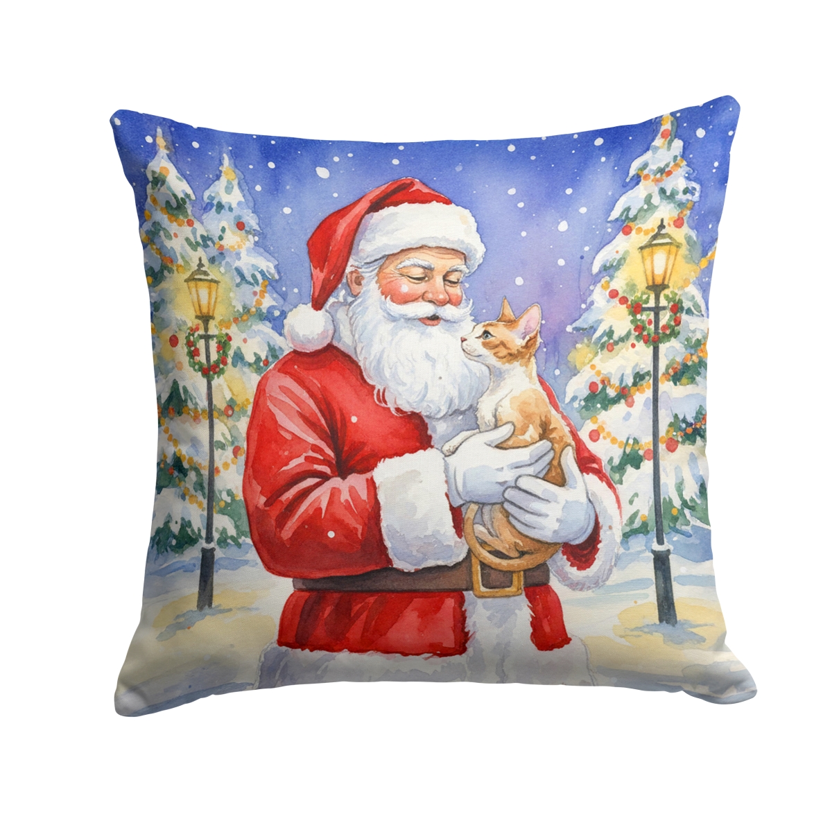 FNT1112PW1414 14 x 14 in. Cornish Rex Cat with Santa Claus Throw Pillow