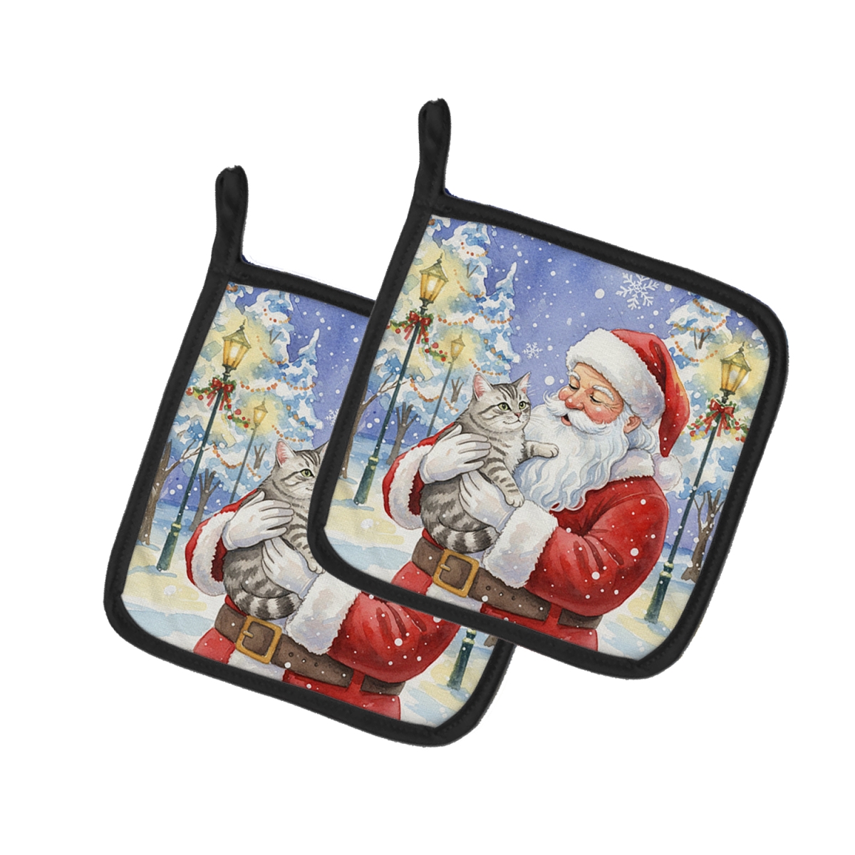 FNT1157PTHD 7.5 x 7.5 in. Silver Mackerel Tabby Cat with Santa Claus Pot Holders, Pack of 2