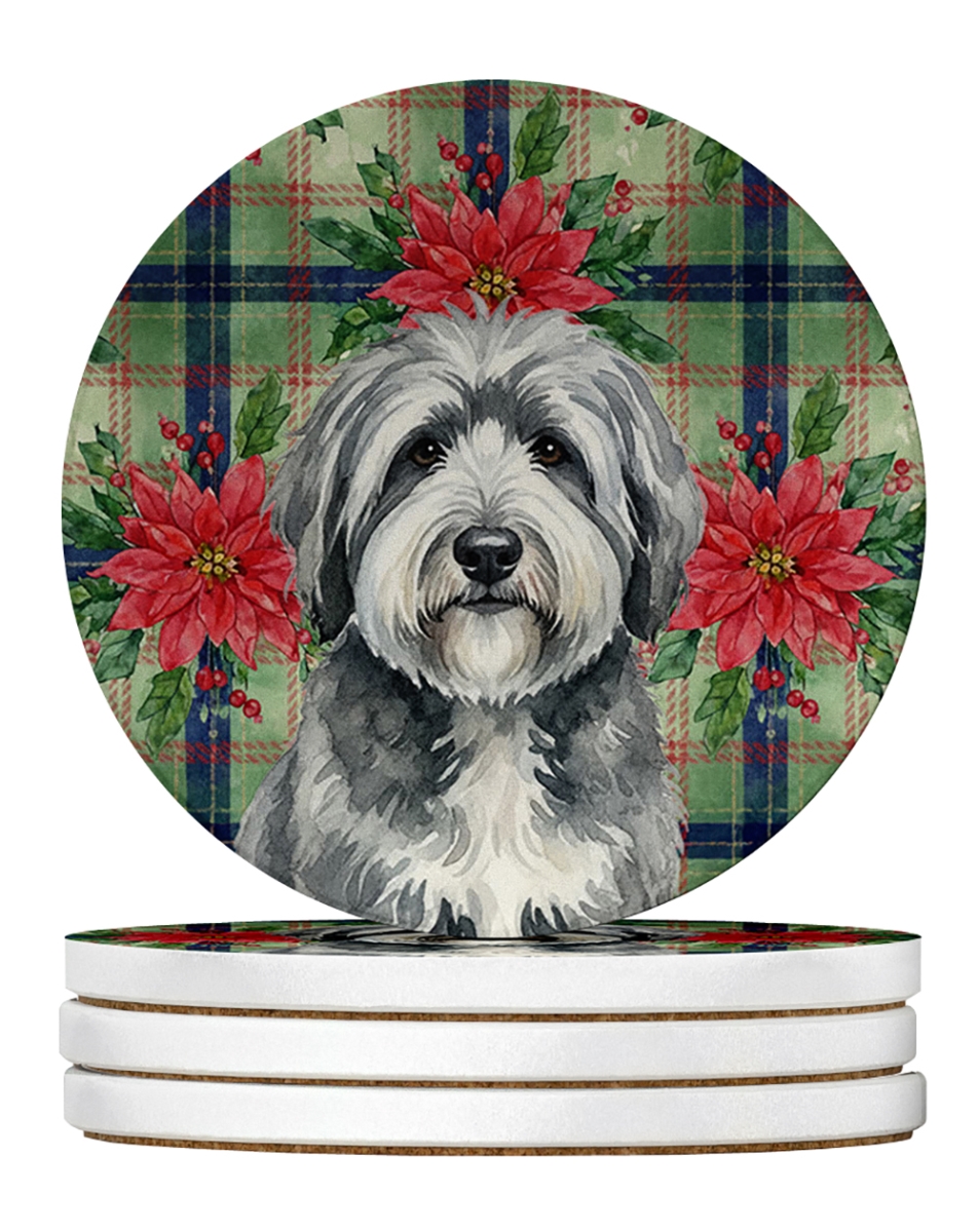 WDK8737RCS4 4 x 4 in. Gray & White Old English Sheepdog Christmas Poinsettias Large Sandstone Coasters, Pack of 4