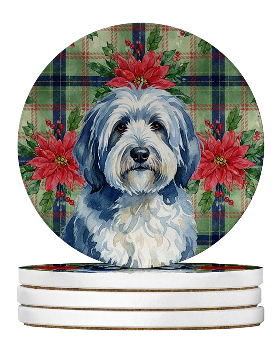 WDK8736RCS4 4 x 4 in. Blue & White Old English Sheepdog Christmas Poinsettias Large Sandstone Coasters, Pack of 4