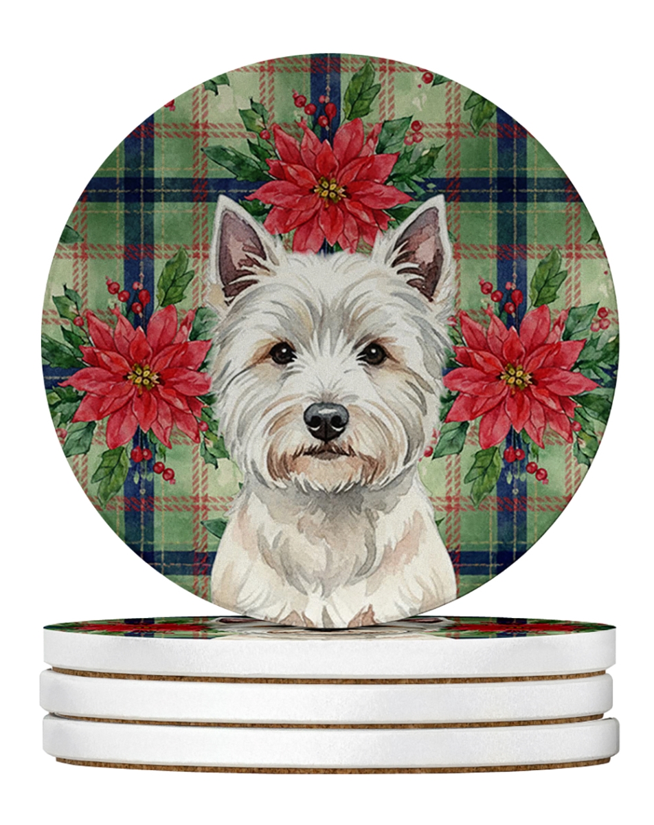 Picture of Carolines Treasures WDK8850RCS4 4 x 4 in. Westie Christmas Poinsettias Large Sandstone Coasters, Pack of 4