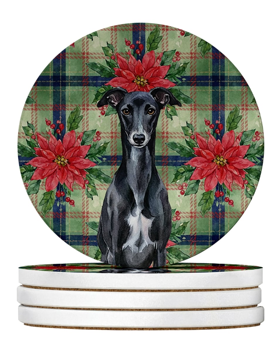 Picture of Carolines Treasures WDK8851RCS4 4 x 4 in. Black Whippet Christmas Poinsettias Large Sandstone Coasters, Pack of 4