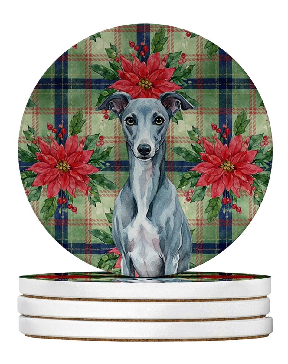 Picture of Carolines Treasures WDK8852RCS4 4 x 4 in. Blue Whippet Christmas Poinsettias Large Sandstone Coasters, Pack of 4