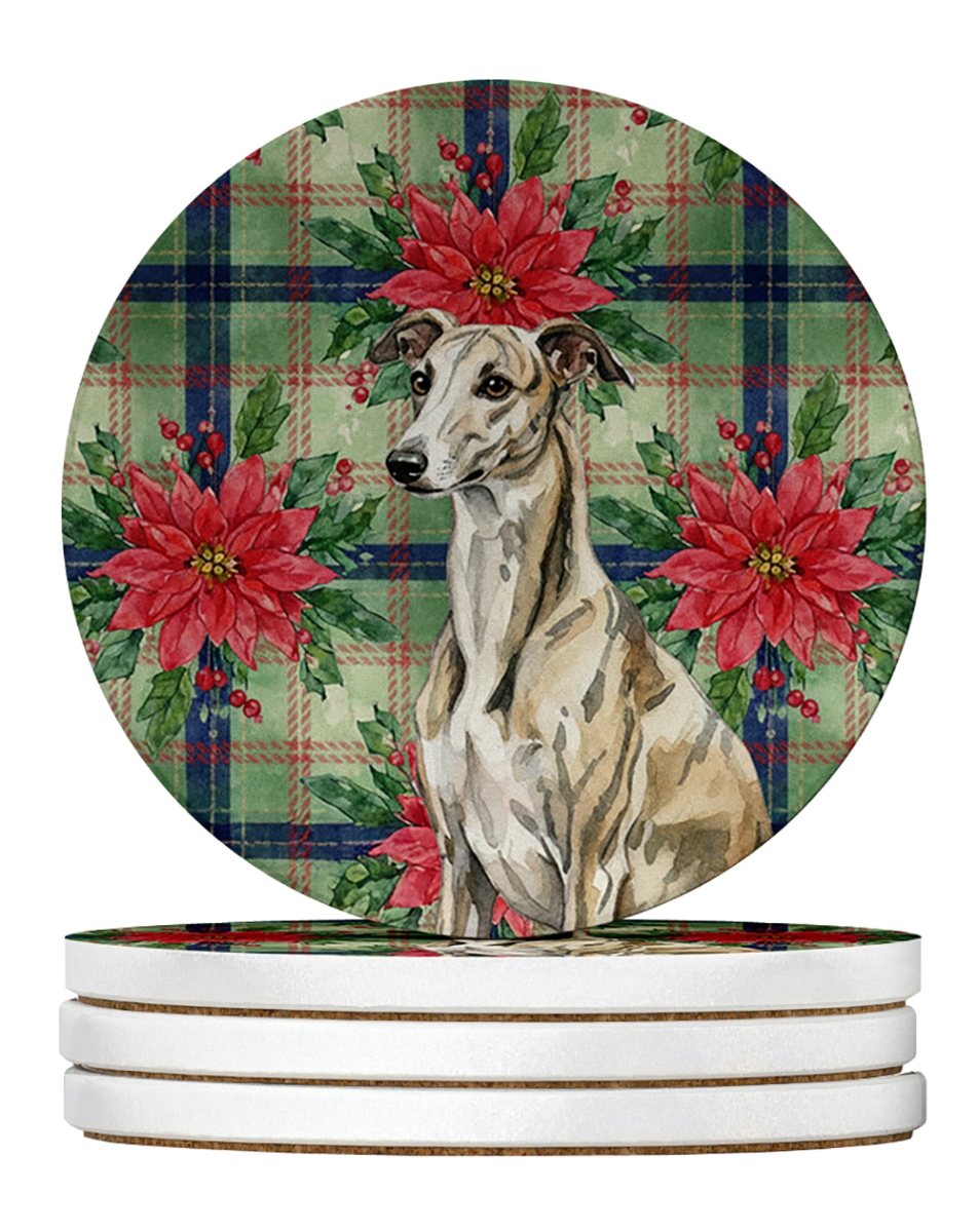 Picture of Carolines Treasures WDK8853RCS4 4 x 4 in. Brindle Whippet Christmas Poinsettias Large Sandstone Coasters, Pack of 4