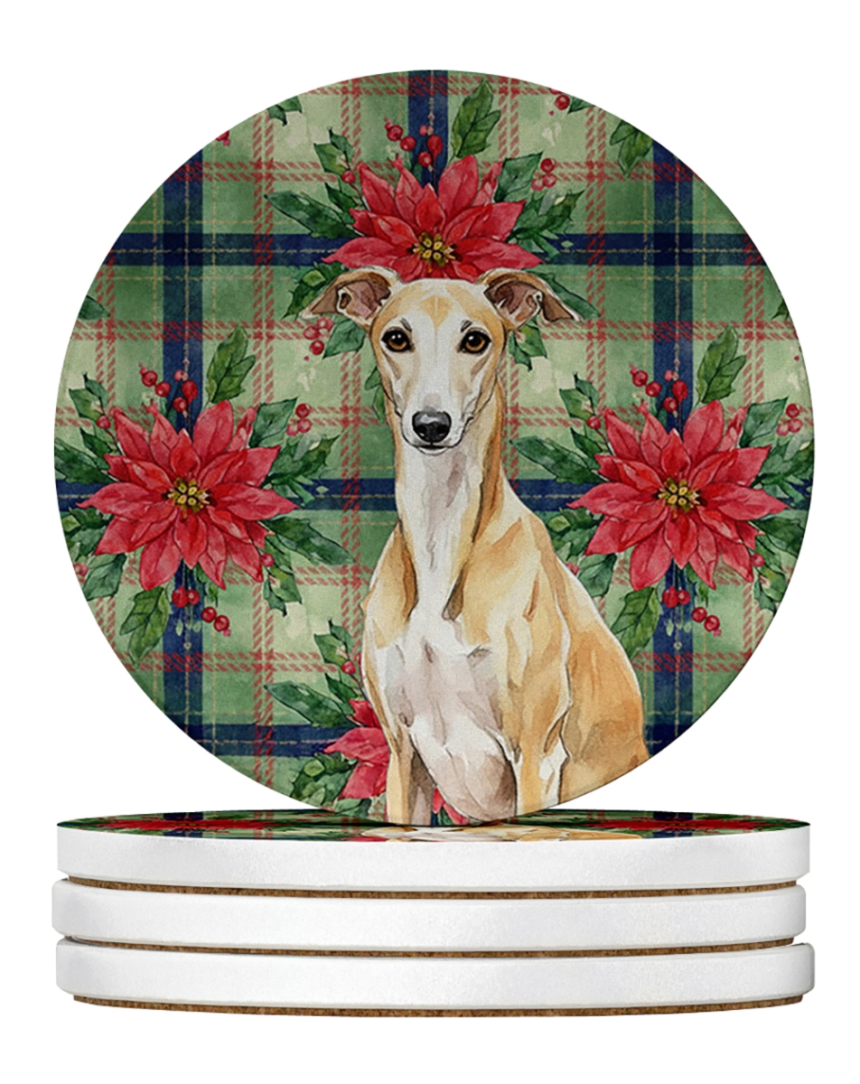 Picture of Carolines Treasures WDK8854RCS4 4 x 4 in. Fawn Whippet Christmas Poinsettias Large Sandstone Coasters, Pack of 4