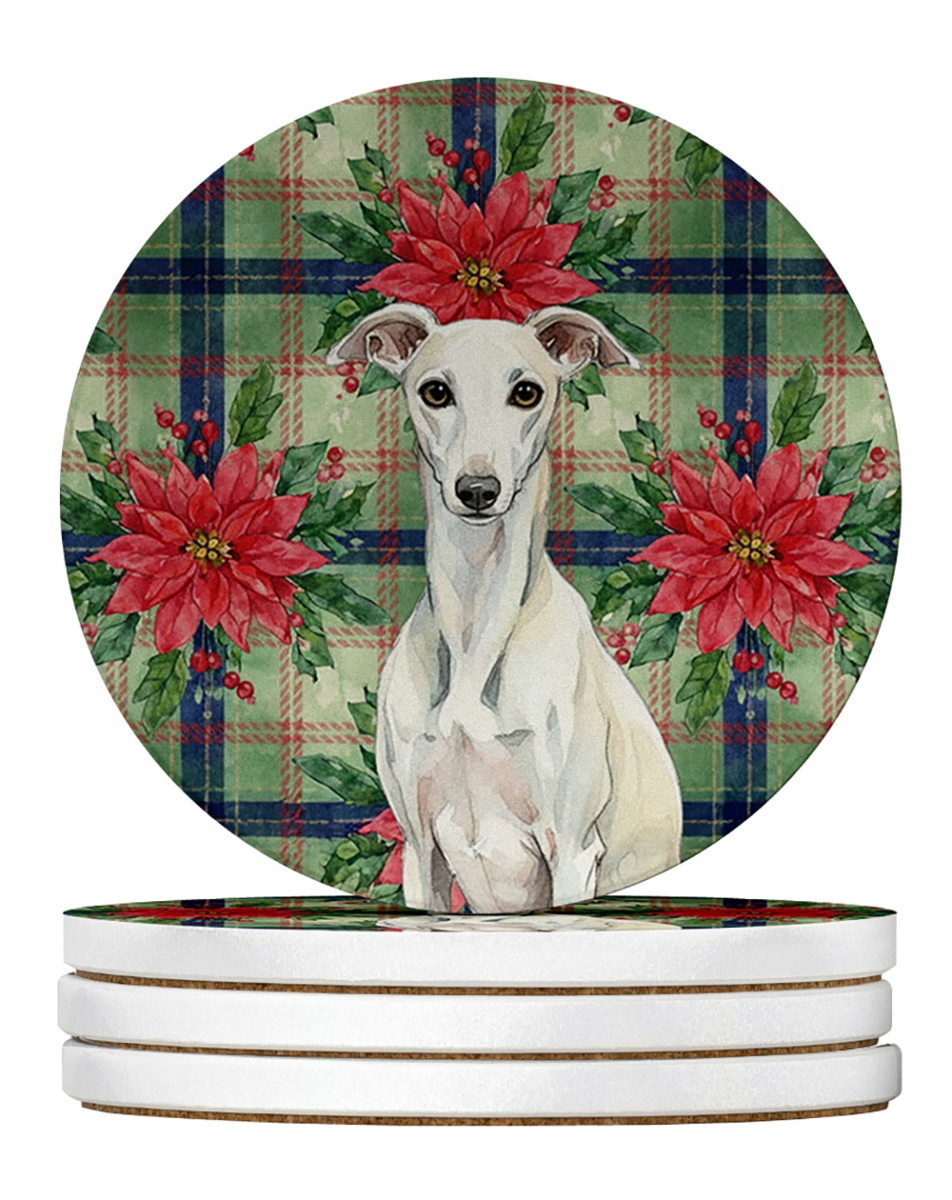 Picture of Carolines Treasures WDK8856RCS4 4 x 4 in. White Whippet Christmas Poinsettias Large Sandstone Coasters, Pack of 4