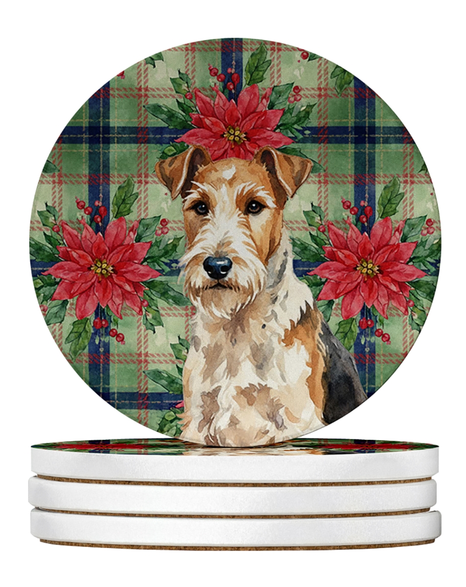 Picture of Carolines Treasures WDK8857RCS4 4 x 4 in. Wire Fox Terrier Christmas Poinsettias Large Sandstone Coasters, Pack of 4