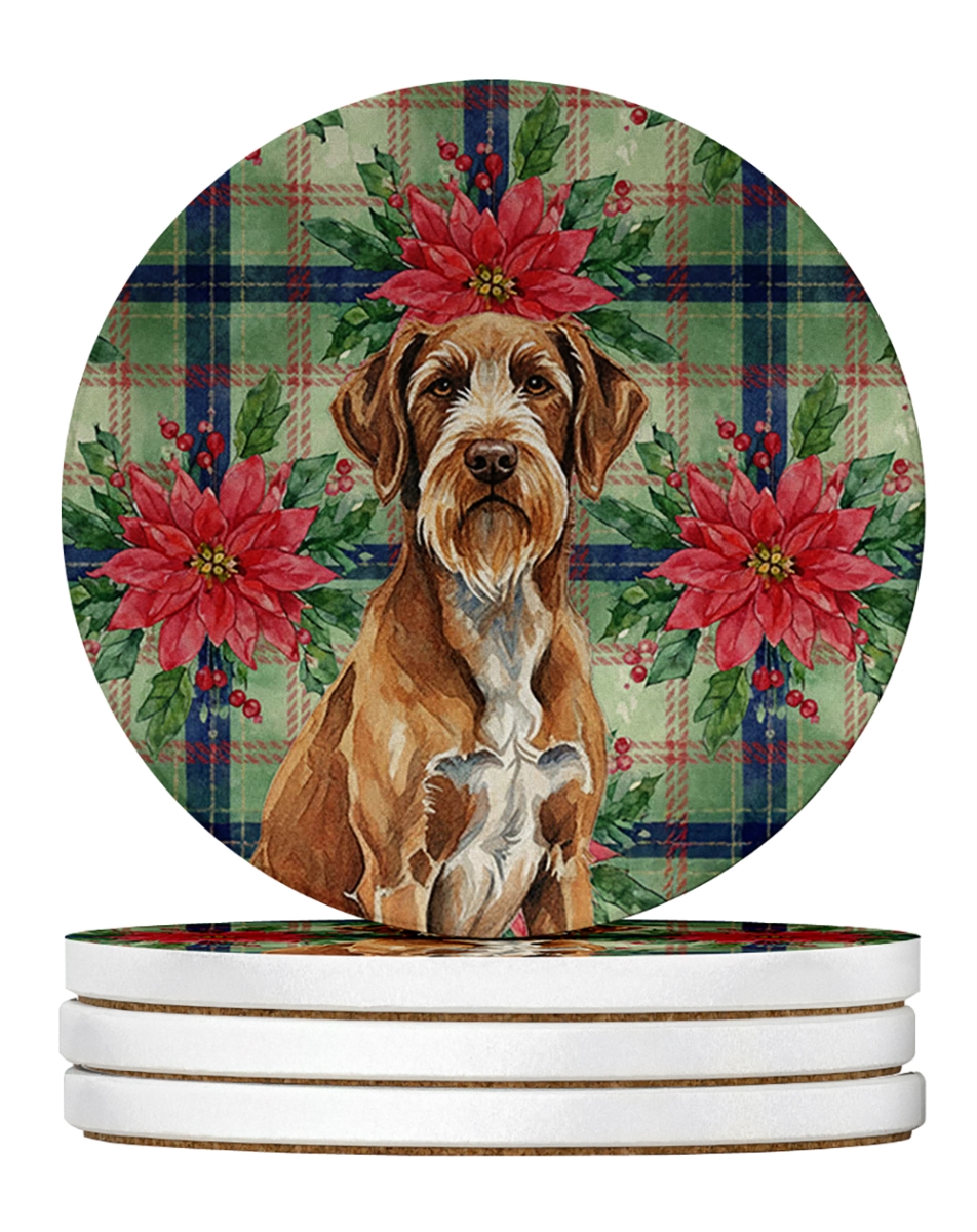 Picture of Carolines Treasures WDK8858RCS4 4 x 4 in. Wirehaired Pointing Griffon Christmas Poinsettias Large Sandstone Coasters, Pack of 4