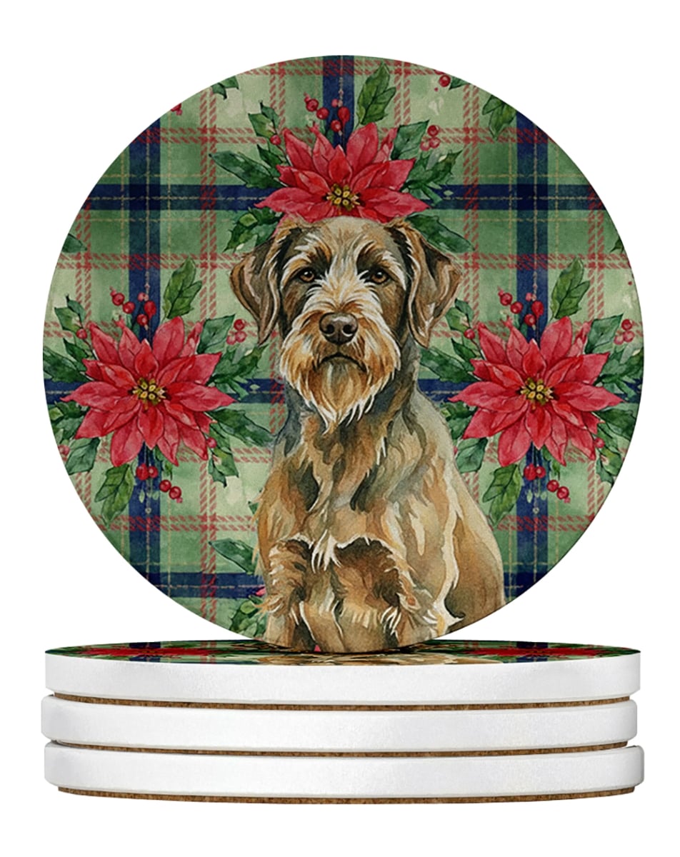 Picture of Carolines Treasures WDK8859RCS4 4 x 4 in. Chestnut Wirehaired Pointing Griffon Christmas Poinsettias Large Sandstone Coasters, Pack of 4