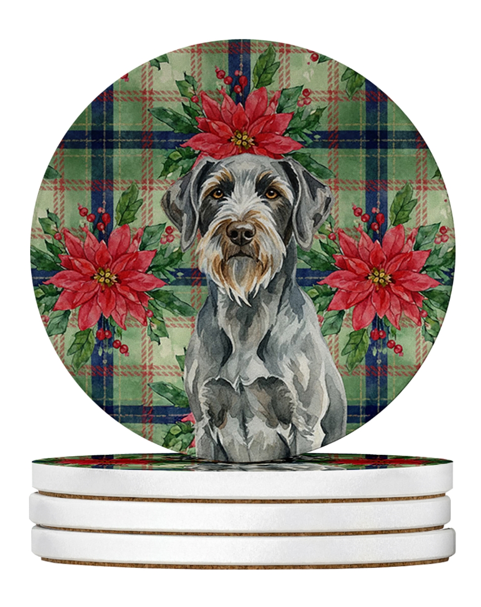 Picture of Carolines Treasures WDK8860RCS4 4 x 4 in. Steel Gray Wirehaired Pointing Griffon Christmas Poinsettias Large Sandstone Coasters, Pack of 4
