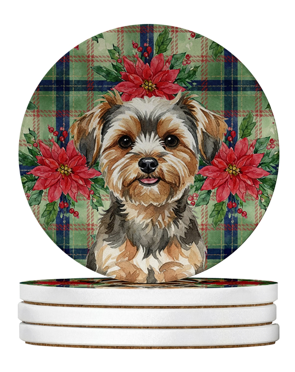 Picture of Carolines Treasures WDK8862RCS4 4 x 4 in. Yorkiepoo Christmas Poinsettias Large Sandstone Coasters, Pack of 4