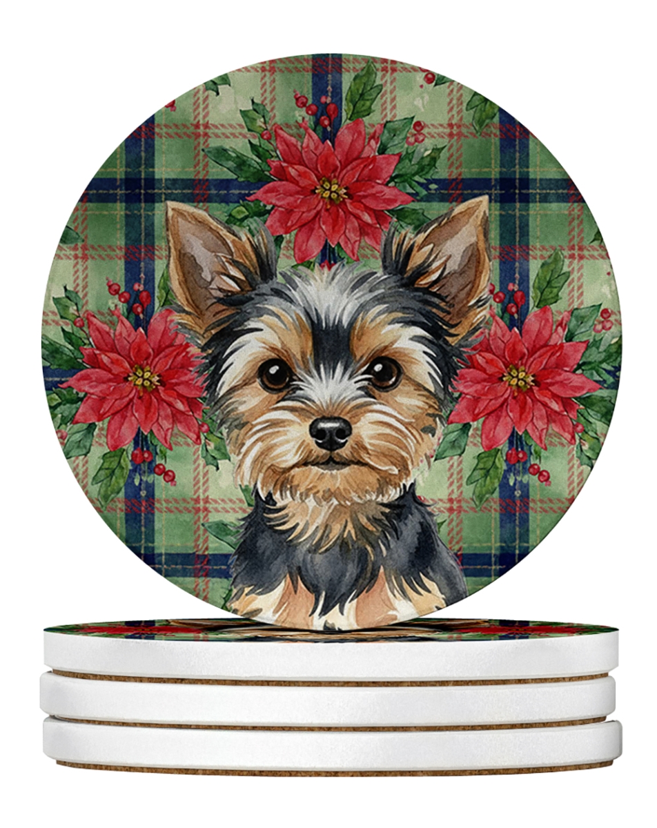 Picture of Carolines Treasures WDK8863RCS4 4 x 4 in. Black & Tan Yorkshire Terrier Christmas Poinsettias Large Sandstone Coasters, Pack of 4