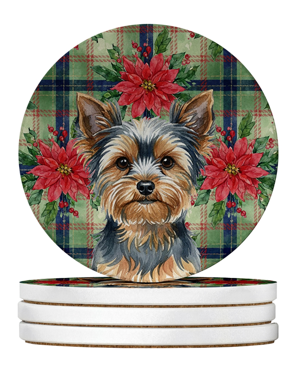 Picture of Carolines Treasures WDK8864RCS4 4 x 4 in. Blue & Tan Yorkshire Terrier Christmas Poinsettias Large Sandstone Coasters, Pack of 4