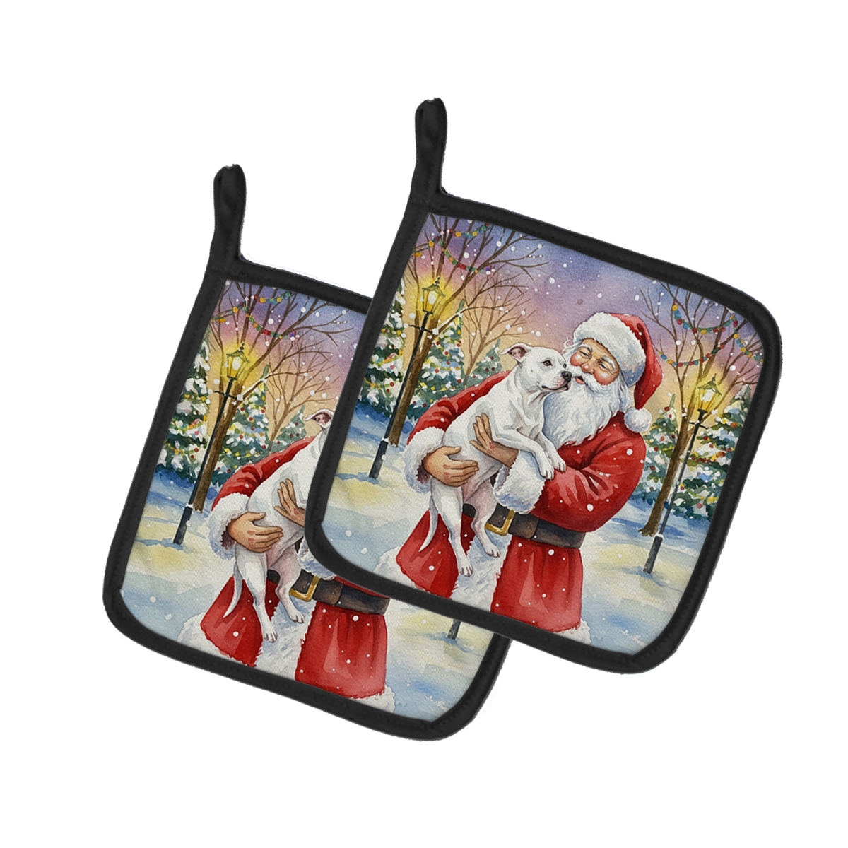 FNT1065PTHD 7.5 x 7.5 in. White Pit Bull Terrier with Santa Claus Pot Holders, Pack of 2