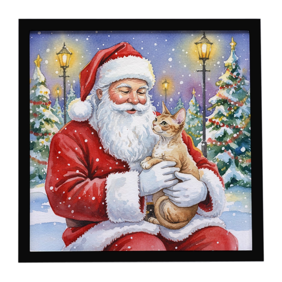 FNT1116MFP88 8 x 8 in. Devon Rex Cat with Santa Claus Framed Metal Print