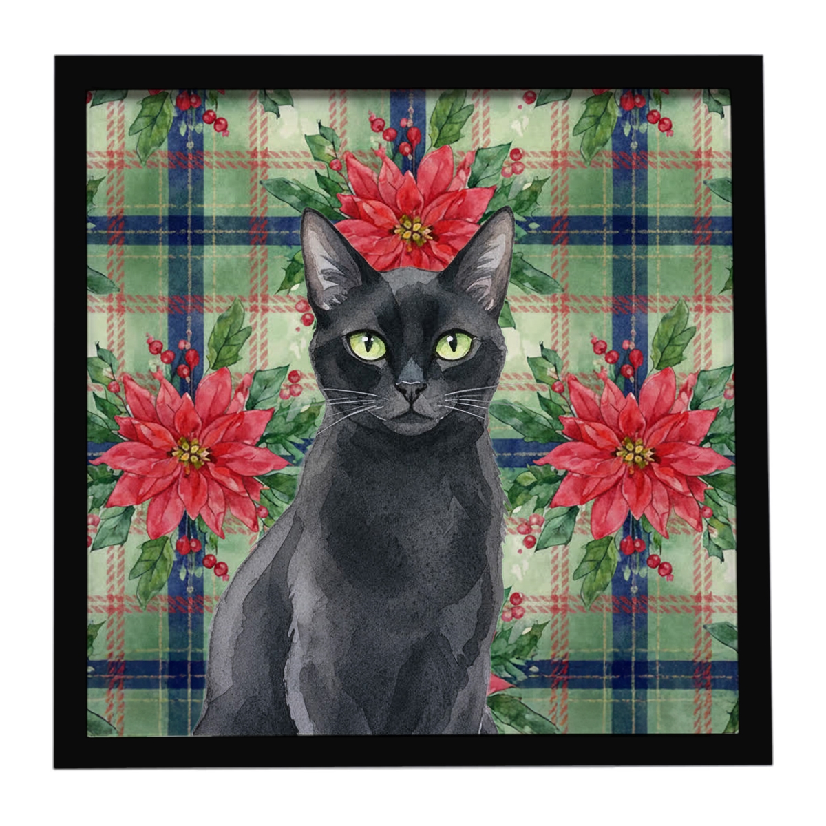 FNT1320MFP88 8 x 8 in. Solid Black Cat with Poinsettias Framed Metal Print