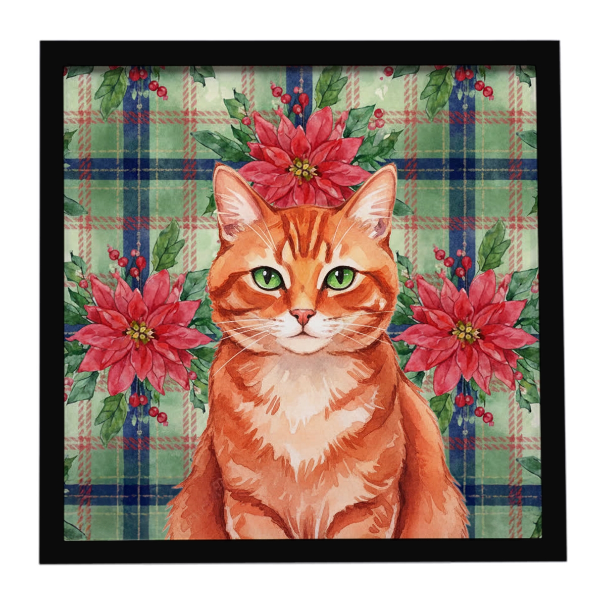FNT1323MFP88 8 x 8 in. Solid Red Ginger Cat with Poinsettias Framed Metal Print
