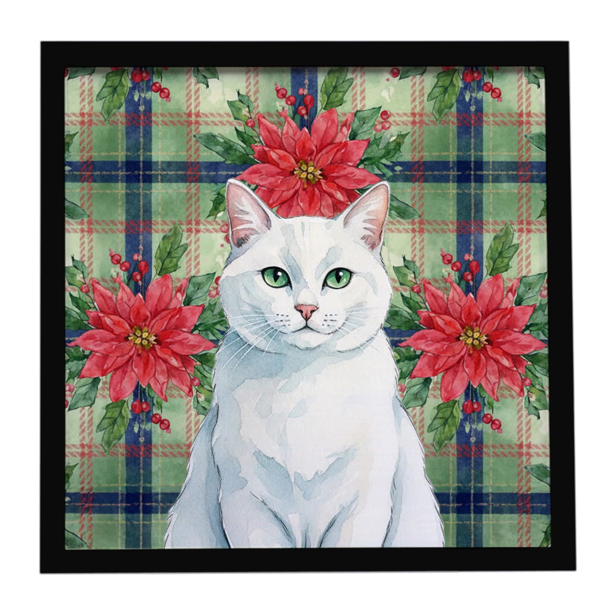 FNT1324MFP88 8 x 8 in. Solid White Cat with Poinsettias Framed Metal Print