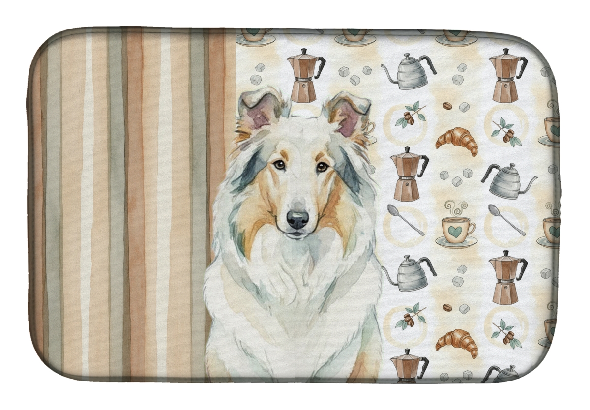 Picture of Carolines Treasures WDK7388DDM 21 x 14 in. White Collie Coffee Bar Dish Drying Mat