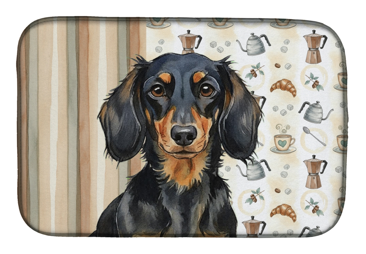 Picture of Carolines Treasures WDK7395DDM 21 x 14 in. Longhaired Black & Tan Dachshund Coffee Bar Dish Drying Mat
