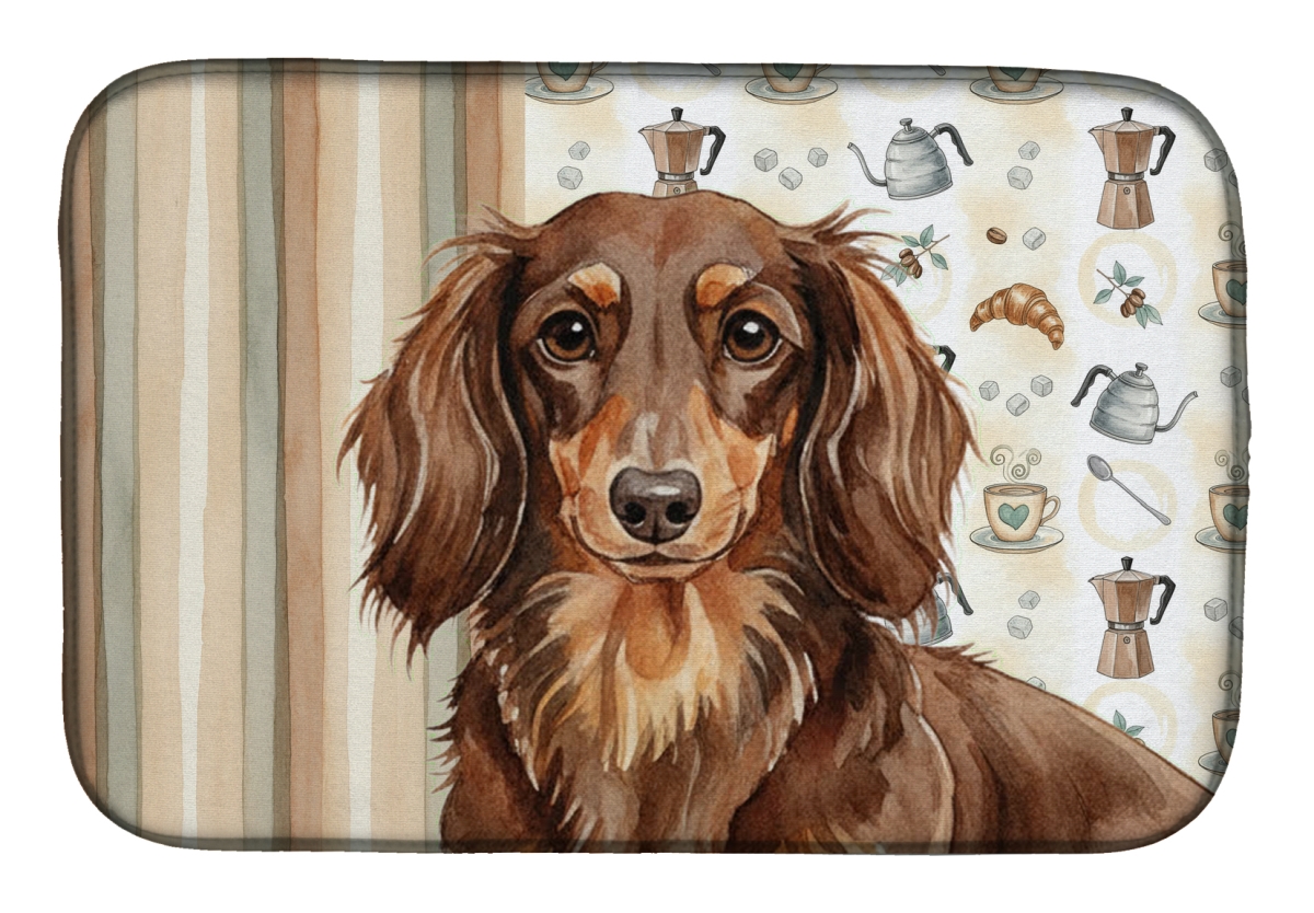Picture of Carolines Treasures WDK7396DDM 21 x 14 in. Longhaired Chocolate & Tan Dachshund Coffee Bar Dish Drying Mat