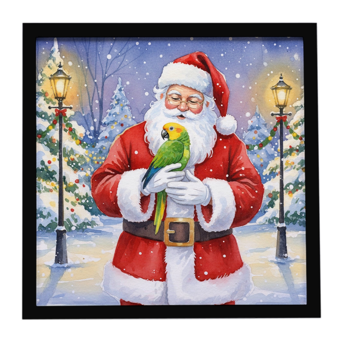 FNT1184MFP88 8 x 8 in. Double Yellow Headed Amazon Parrot with Santa Claus Framed Metal Print