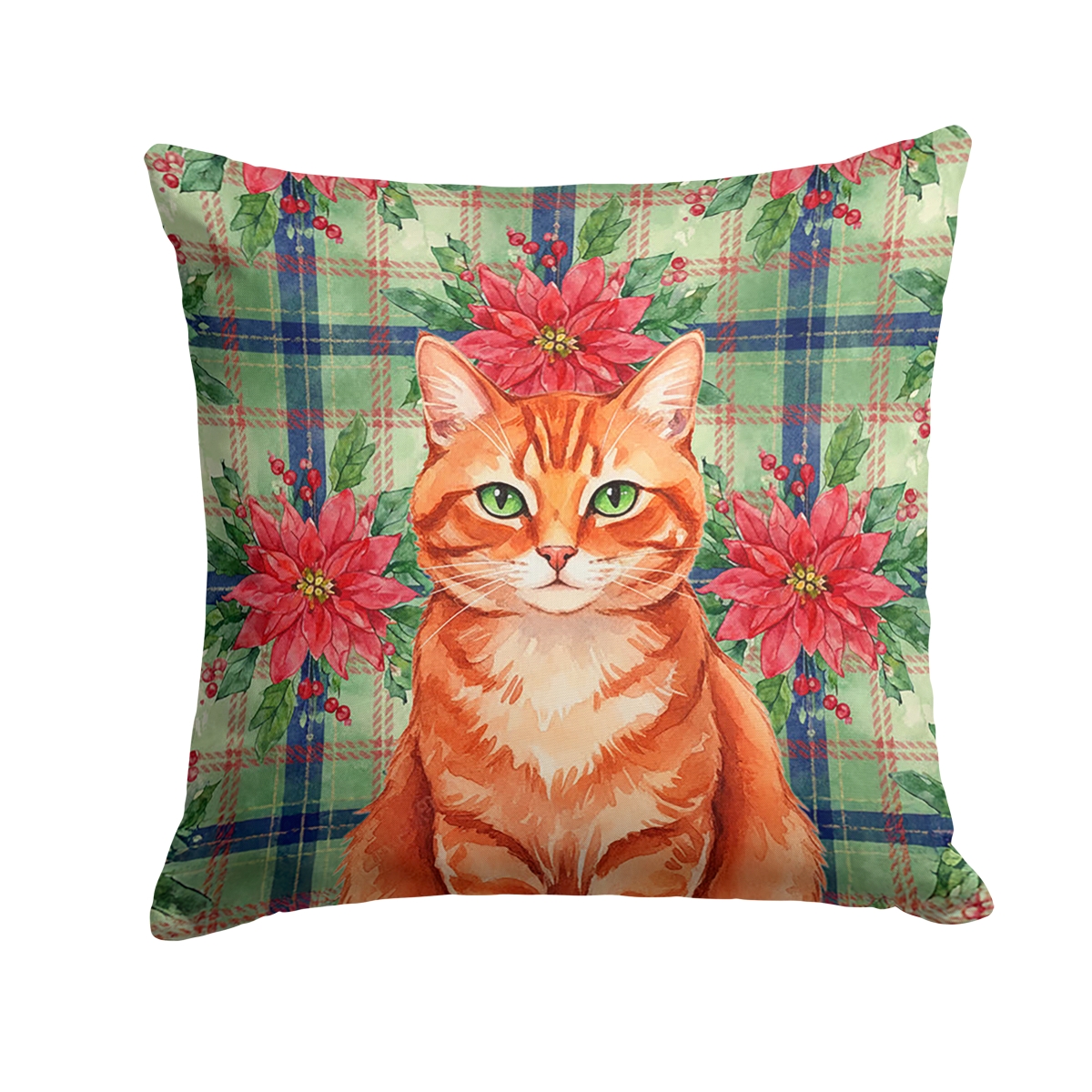 FNT1323PW1818 18 x 18 in. Solid Red Ginger Cat with Poinsettias Throw Pillow