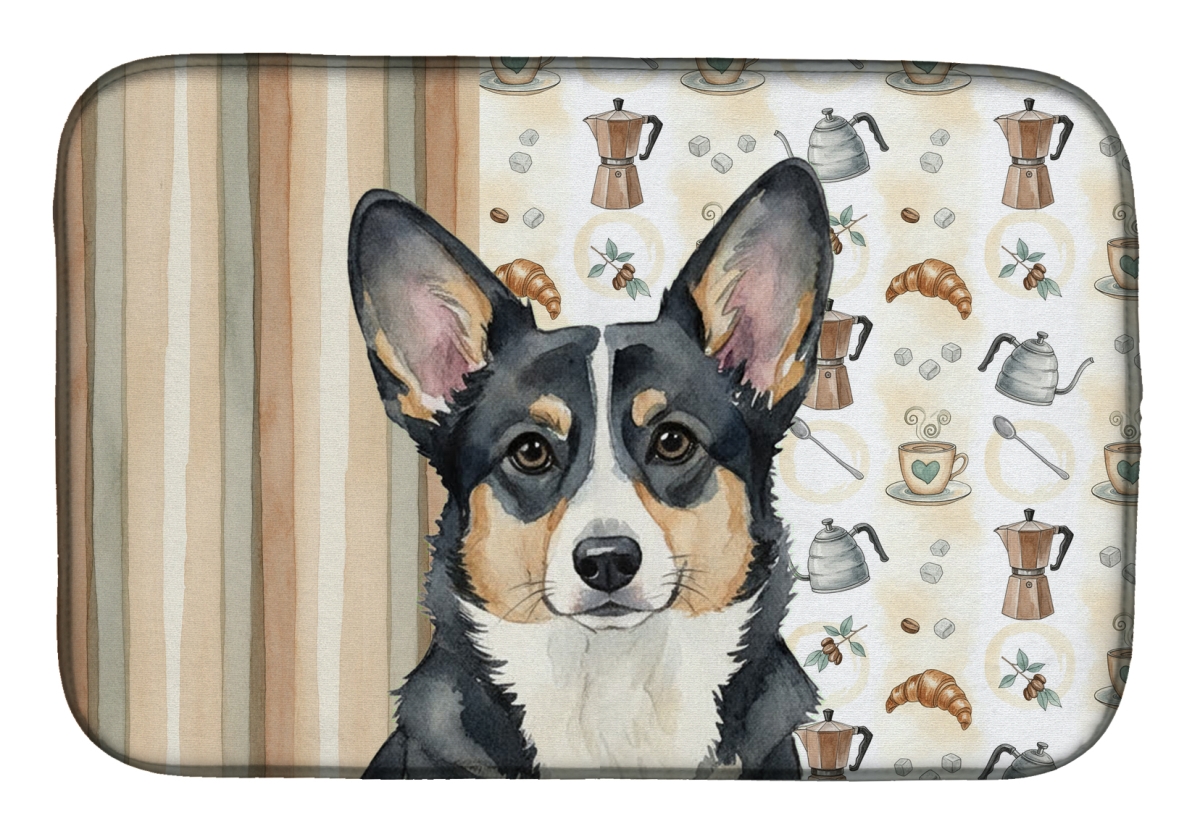 Picture of Carolines Treasures WDK7358DDM 21 x 14 in. Black & White Cardigan Welsh Corgi Coffee Bar Dish Drying Mat