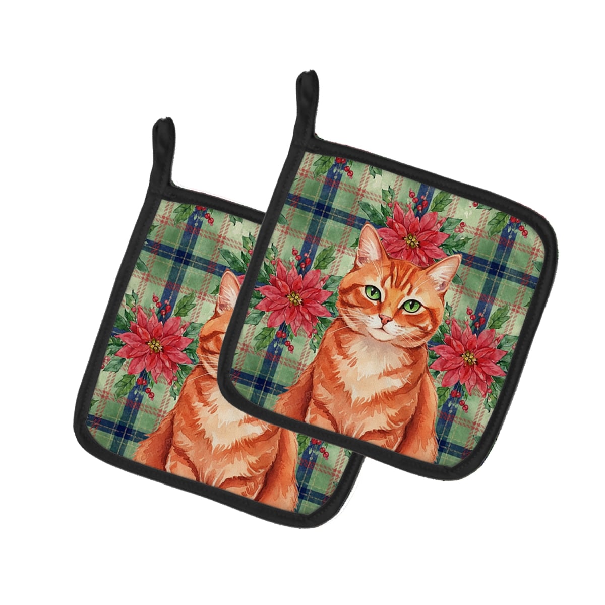 FNT1323PTHD 7.5 x 7.5 in. Solid Red Ginger Cat with Poinsettias Pot Holders, Pack of 2