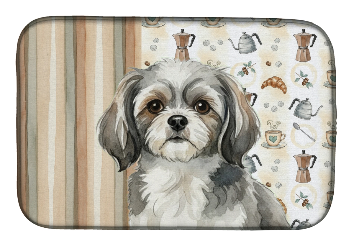 Picture of Carolines Treasures WDK7641DDM 21 x 14 in. Gray & White Tibetan Spaniel Coffee Bar Dish Drying Mat