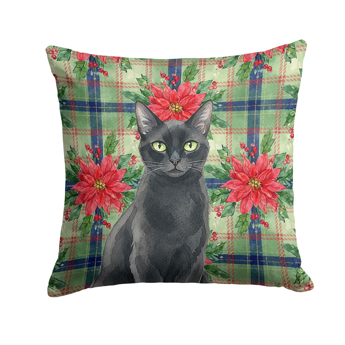 FNT1320PW1414 14 x 14 in. Solid Black Cat with Poinsettias Throw Pillow