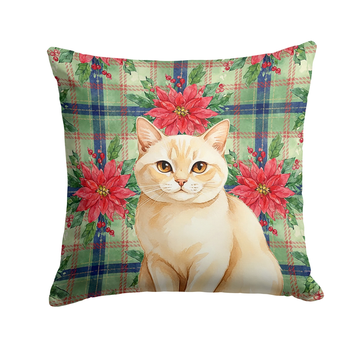 FNT1321PW1414 14 x 14 in. Solid Cream Cat with Poinsettias Throw Pillow