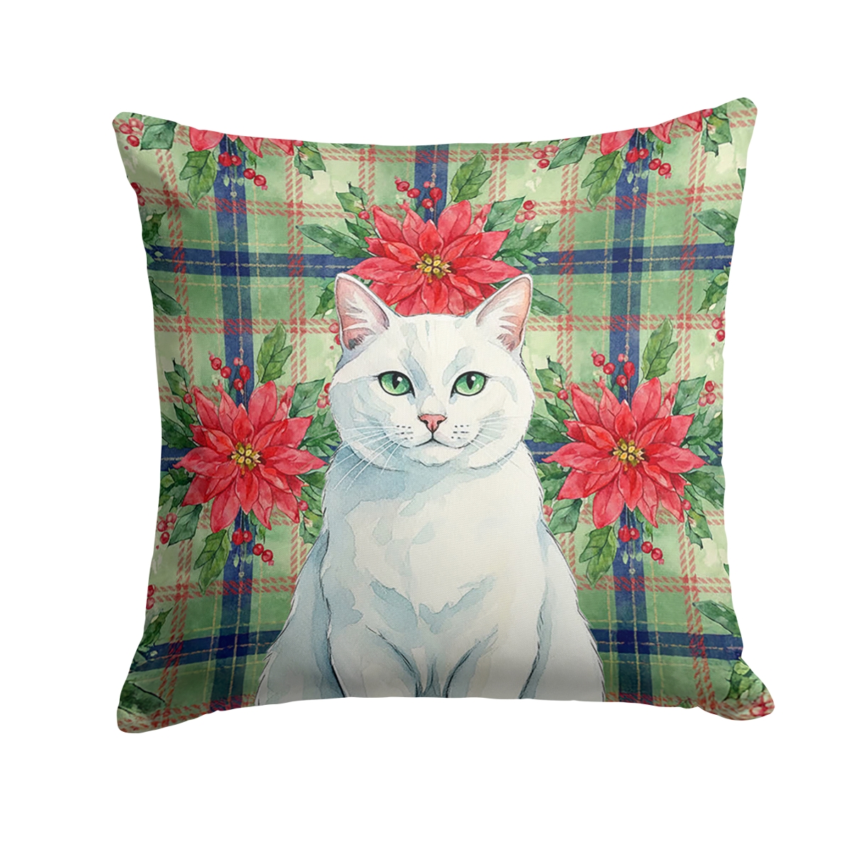 FNT1324PW1414 14 x 14 in. Solid White Cat with Poinsettias Throw Pillow