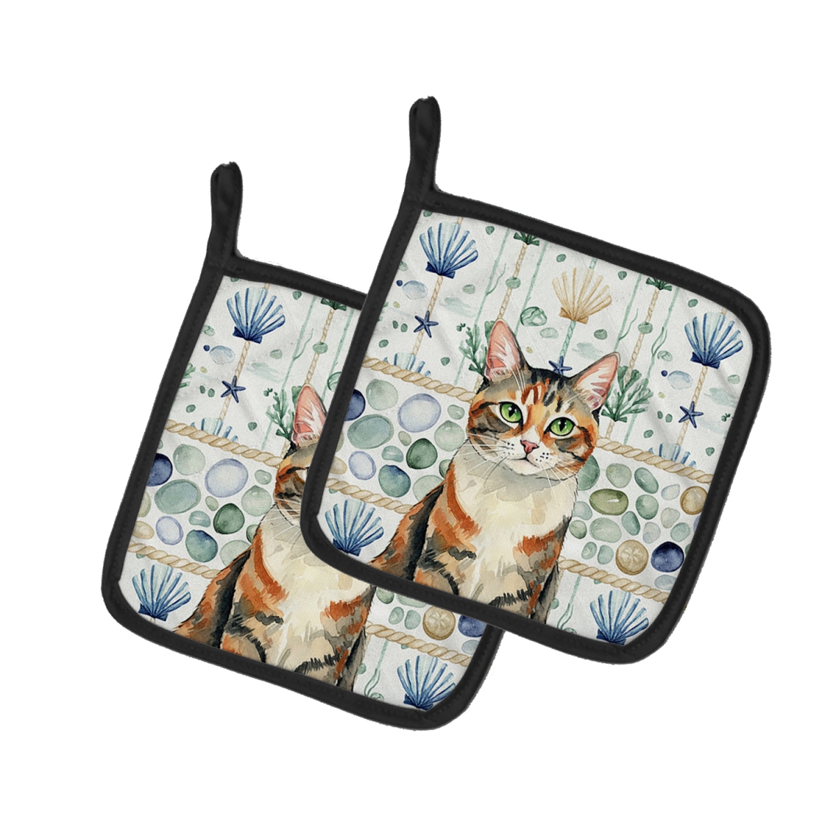 Picture of Carolines Treasures FNT1351PTHD 7.5 x 7.5 in. Patched Tabby Cat Coastal Sea Glass Pot Holders, Pack of 2