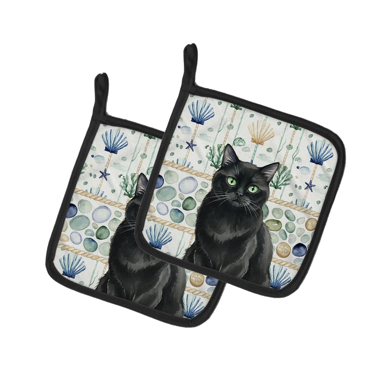 Picture of Carolines Treasures FNT1352PTHD 7.5 x 7.5 in. Persian Black Cat Coastal Sea Glass Pot Holders, Pack of 2