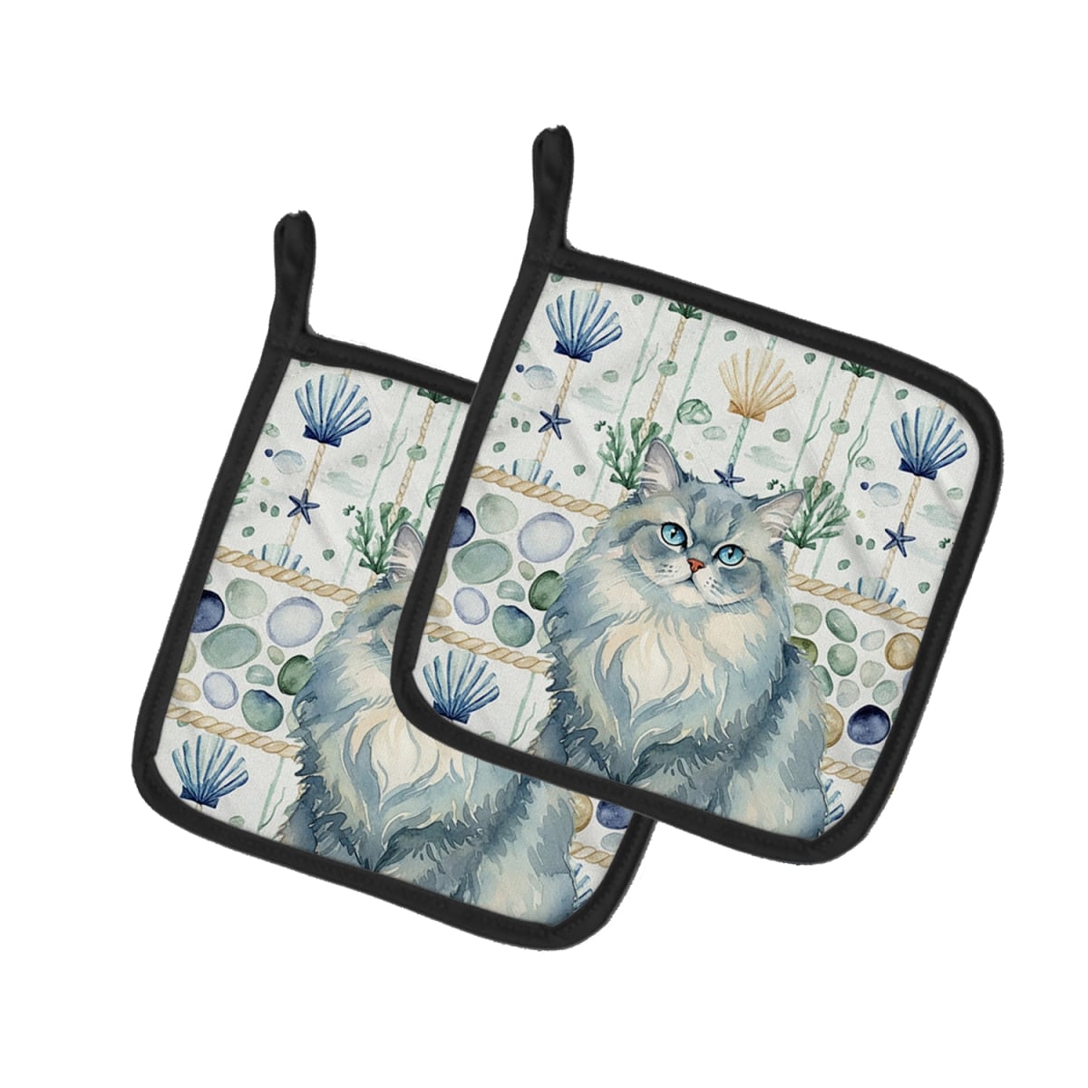 Picture of Carolines Treasures FNT1353PTHD 7.5 x 7.5 in. Persian Blue Cat Coastal Sea Glass Pot Holders, Pack of 2