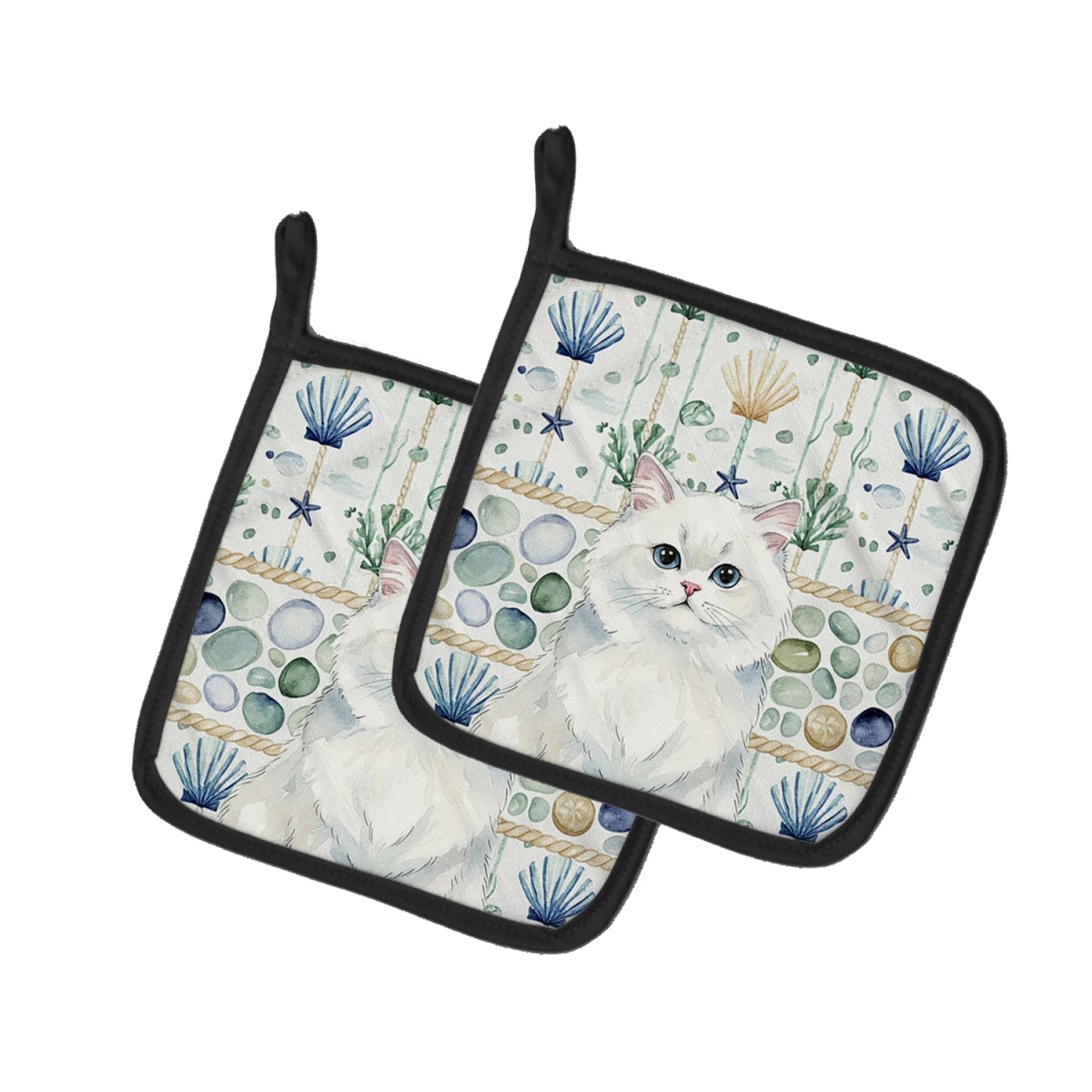 Picture of Carolines Treasures FNT1354PTHD 7.5 x 7.5 in. Persian White Cat Coastal Sea Glass Pot Holders, Pack of 2