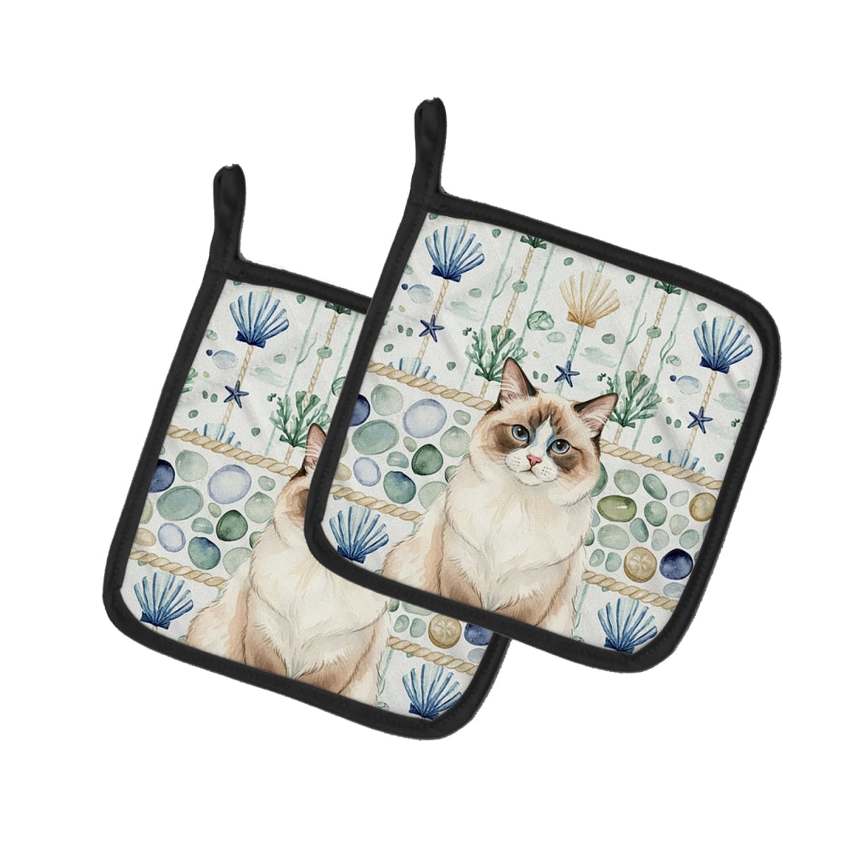 Picture of Carolines Treasures FNT1355PTHD 7.5 x 7.5 in. Ragdoll Bicolor Cat Coastal Sea Glass Pot Holders, Pack of 2