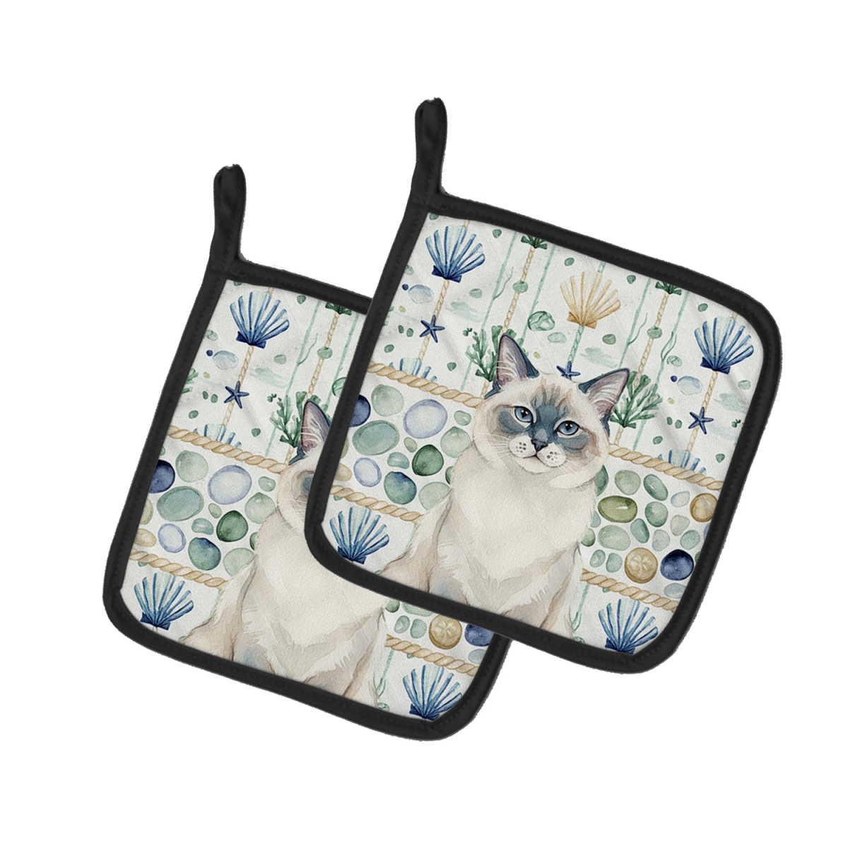 Picture of Carolines Treasures FNT1356PTHD 7.5 x 7.5 in. Ragdoll Blue Point Cat Coastal Sea Glass Pot Holders, Pack of 2