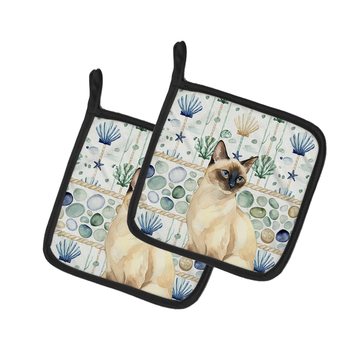 Picture of Carolines Treasures FNT1358PTHD 7.5 x 7.5 in. Seal Point Cat Coastal Sea Glass Pot Holders, Pack of 2