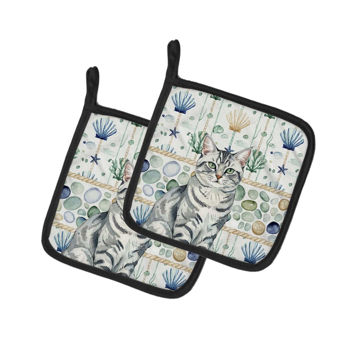 Picture of Carolines Treasures FNT1359PTHD 7.5 x 7.5 in. Silver Classic Tabby Cat Coastal Sea Glass Pot Holders, Pack of 2