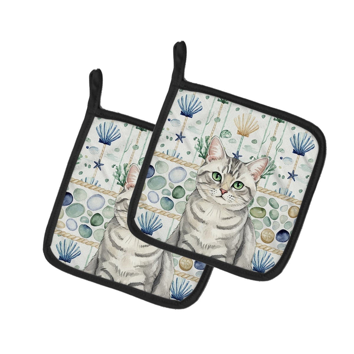 Picture of Carolines Treasures FNT1360PTHD 7.5 x 7.5 in. Silver Mackerel Tabby Cat Coastal Sea Glass Pot Holders, Pack of 2